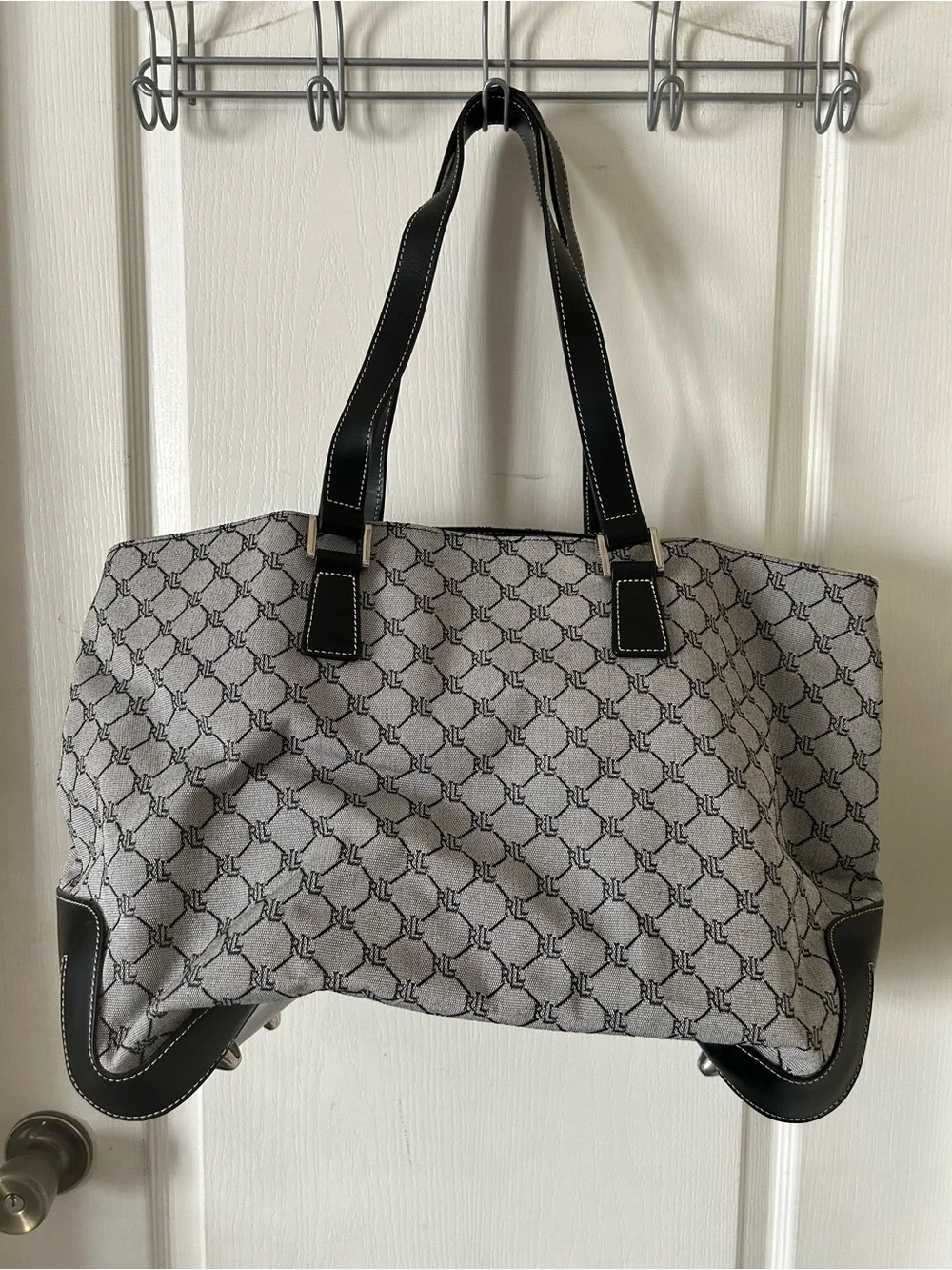 Ralph Lauren Black and Cream Monogram Shoulder Tote